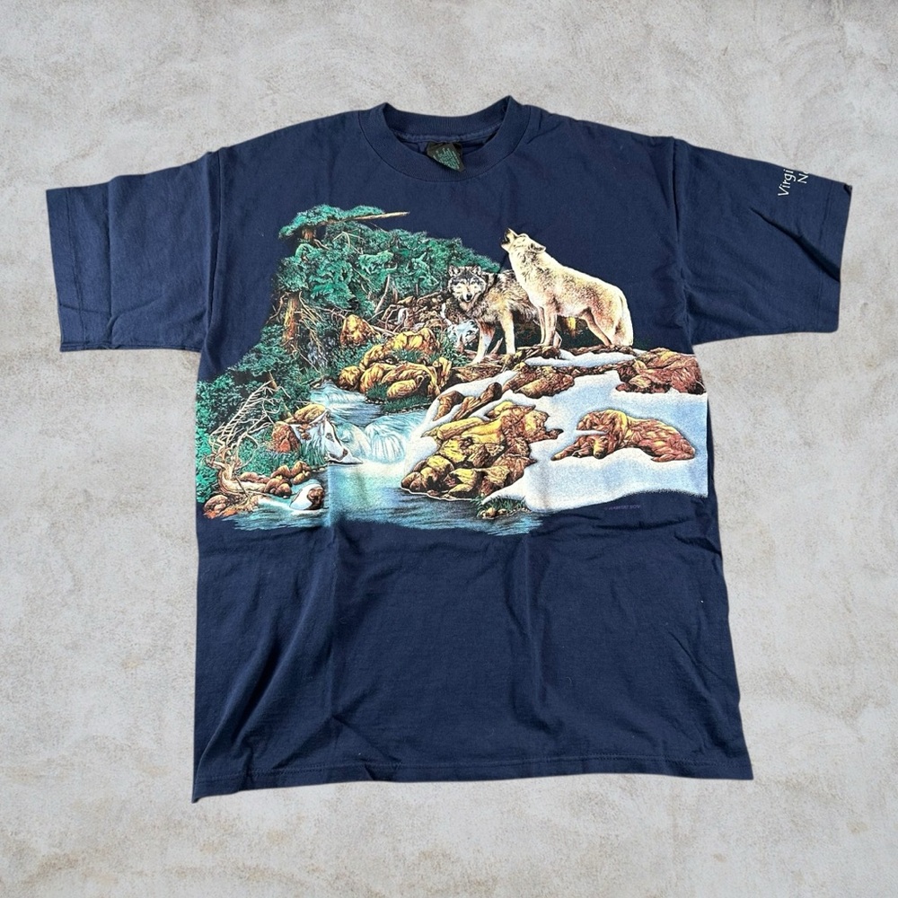 Vintage Habitat Shirt Mens Large Navy Blue 90s Wolf Wrap Around AOP Nature Scene
